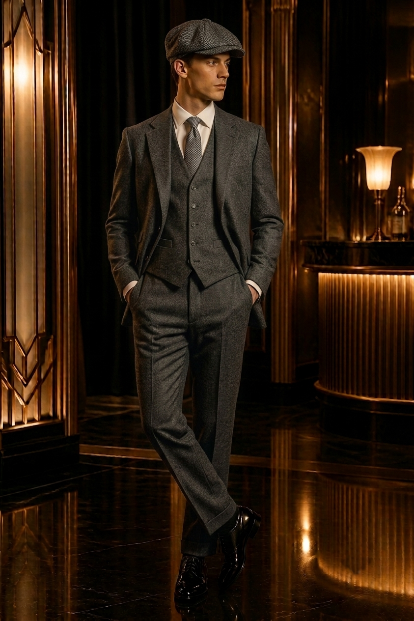 Ejemplo de vestimenta Art Déco para hombre: traje claro, corbata y fedora